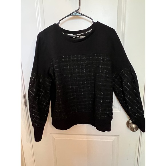 Karl Lagerfeld Paris Tweed Mixed-Media M Sweater Preppy Boho Metallic Academia - Picture 2 of 10
